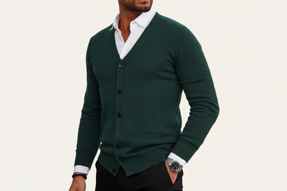Męski kardigan zapinany na guziki z dekoltem w serek i ściągaczami-Cardigans for Men-Olave