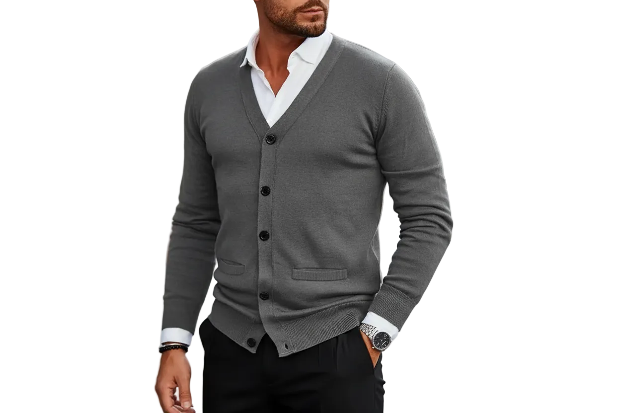 Męski kardigan zapinany na guziki z dekoltem w serek i ściągaczami-Cardigans for Men-Olave