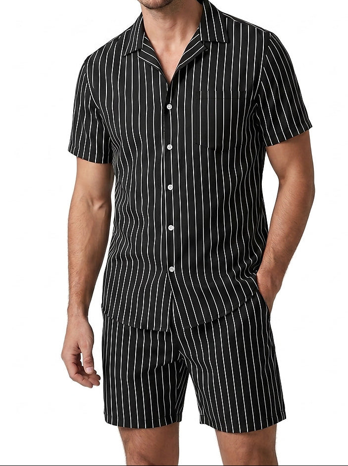 Męski komplet z koszulą z krótkim rękawem w prążki-Sets for Men-Olave