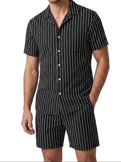 Męski komplet z koszulą z krótkim rękawem w prążki-Sets for Men-Olave