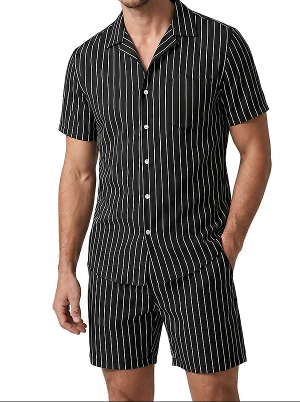 Męski komplet z koszulą z krótkim rękawem w prążki-Sets for Men-Olave