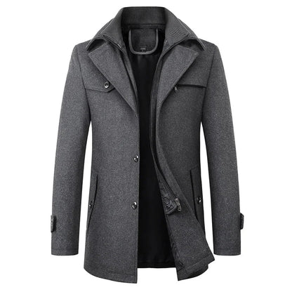 Męski płaszcz typu pea coat średniej długości z wewnętrzną warstwą na zamek-Coats for men-Olave