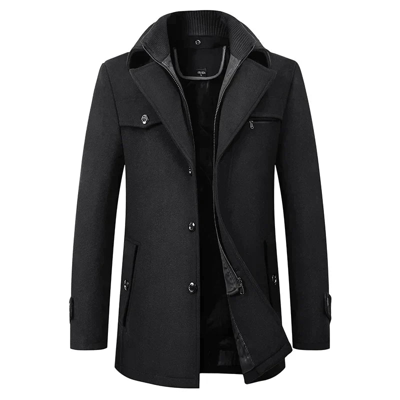 Męski płaszcz typu pea coat średniej długości z wewnętrzną warstwą na zamek-Coats for men-Olave