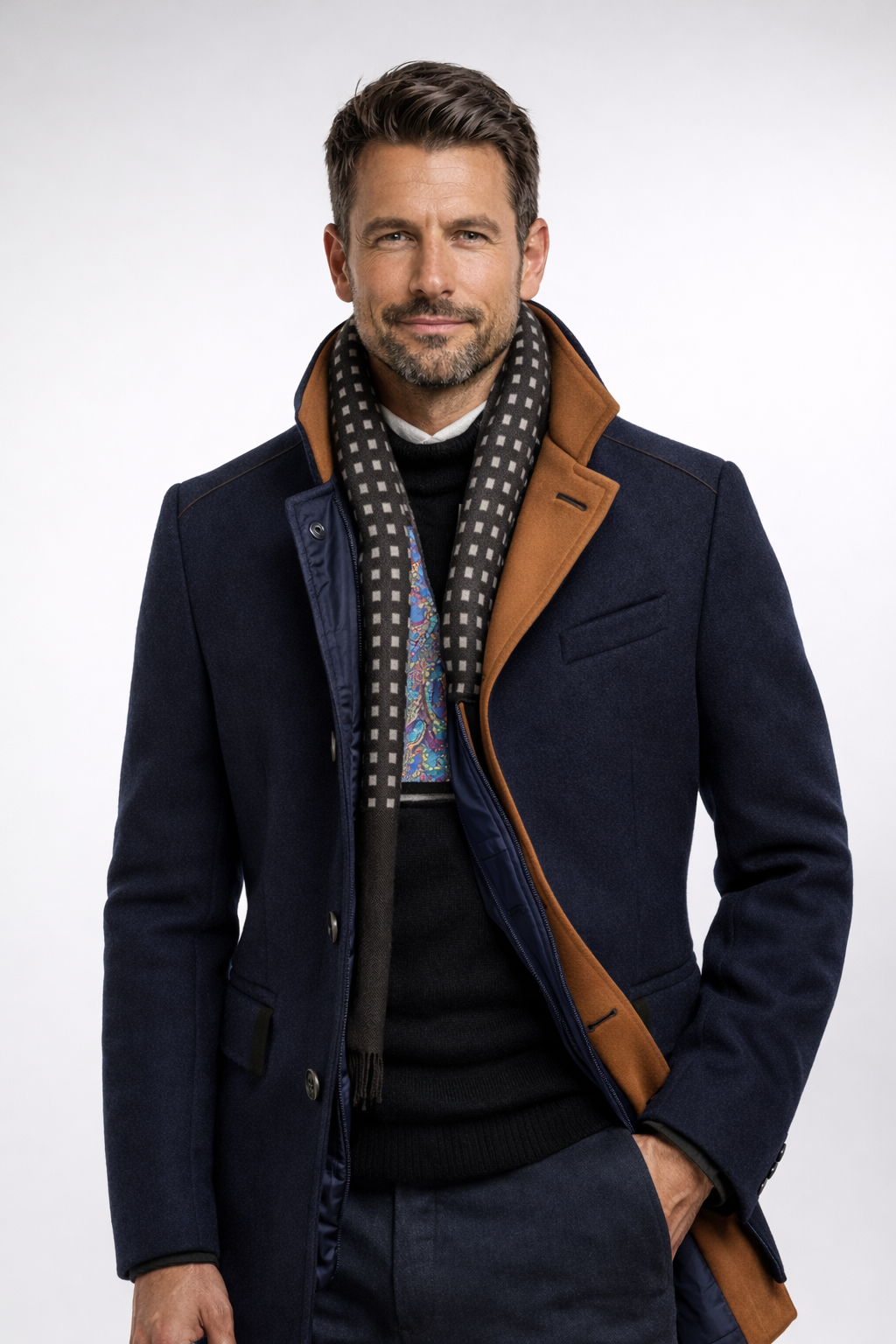 Męski płaszcz z mieszanki wełny ze stójką i pikowaną podszewką-Coats for men-Olave