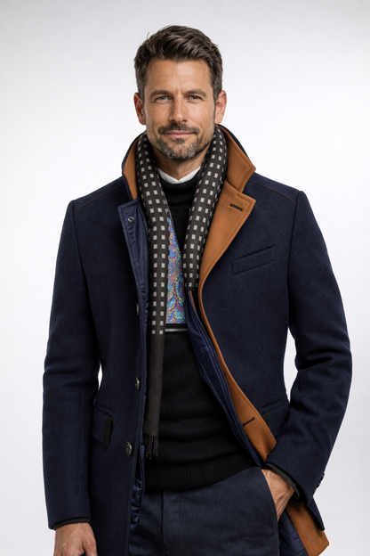 Męski płaszcz z mieszanki wełny ze stójką i pikowaną podszewką-Coats for men-Olave