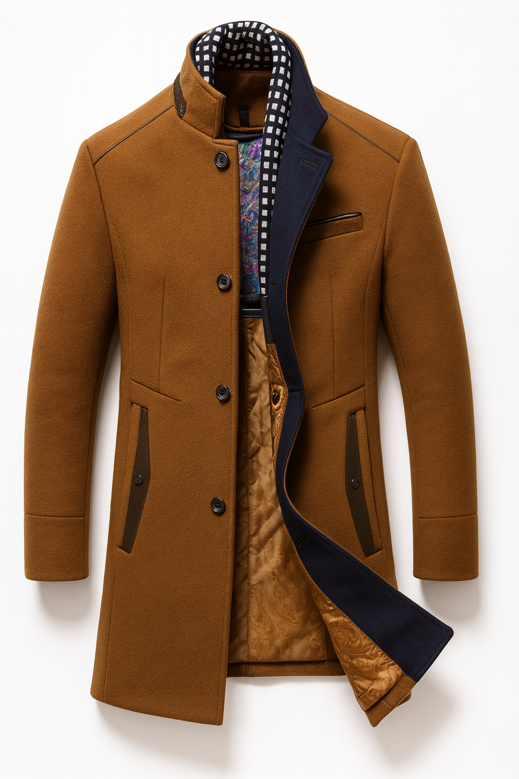 Męski płaszcz z mieszanki wełny ze stójką i pikowaną podszewką-Coats for men-Olave