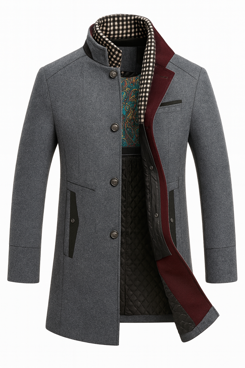Męski płaszcz z mieszanki wełny ze stójką i pikowaną podszewką-Coats for men-Olave