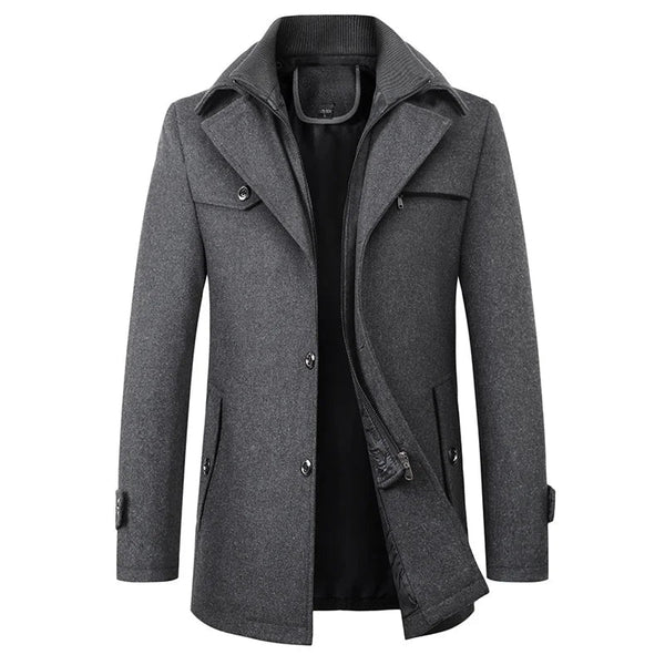 Męski płaszcz ze stójką, zapinany na zamek i guziki-Coats for men-Olave