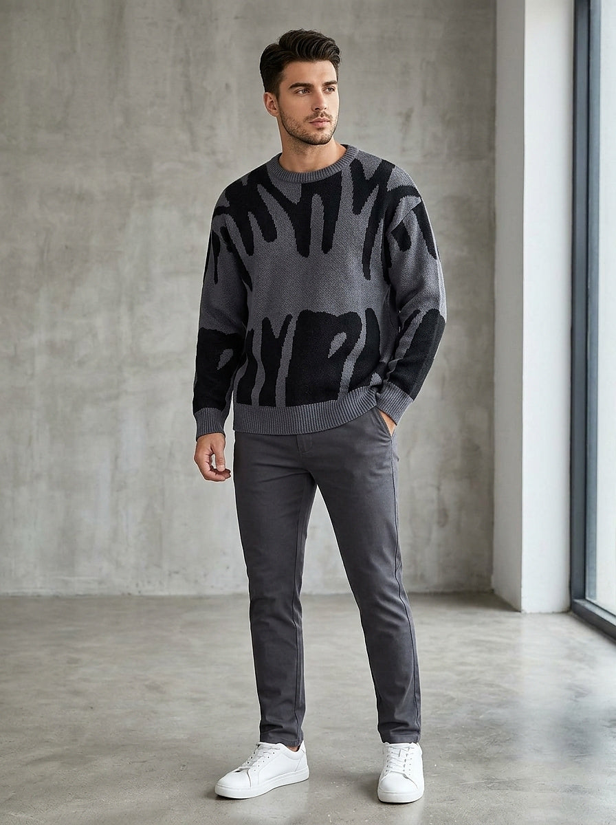 Męski sweter z dzianiny z okrągłym dekoltem i grafiką-Sweaters for men-Olave