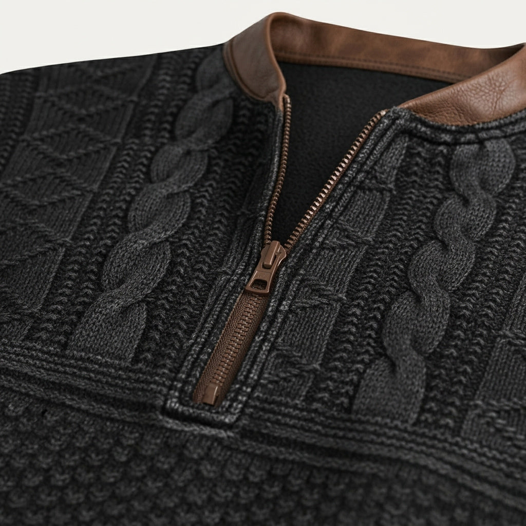 Męski wzorzysty sweter z dzianiny zapinany na zamek pod szyją z łatami na łokciach-Sweaters for men-Olave