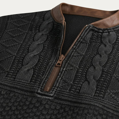 Męski wzorzysty sweter z dzianiny zapinany na zamek pod szyją z łatami na łokciach-Sweaters for men-Olave