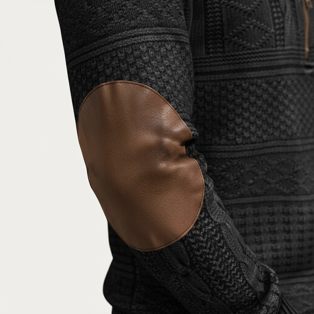 Męski wzorzysty sweter z dzianiny zapinany na zamek pod szyją z łatami na łokciach-Sweaters for men-Olave