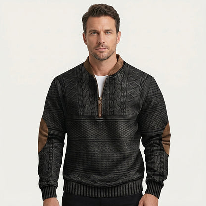 Męski wzorzysty sweter z dzianiny zapinany na zamek pod szyją z łatami na łokciach-Sweaters for men-Olave