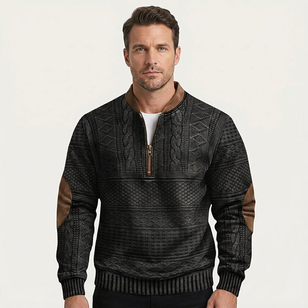 Męski wzorzysty sweter z dzianiny zapinany na zamek pod szyją z łatami na łokciach-Sweaters for men-Olave