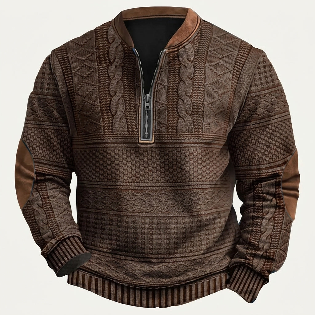 Męski wzorzysty sweter z dzianiny zapinany na zamek pod szyją z łatami na łokciach-Sweaters for men-Olave