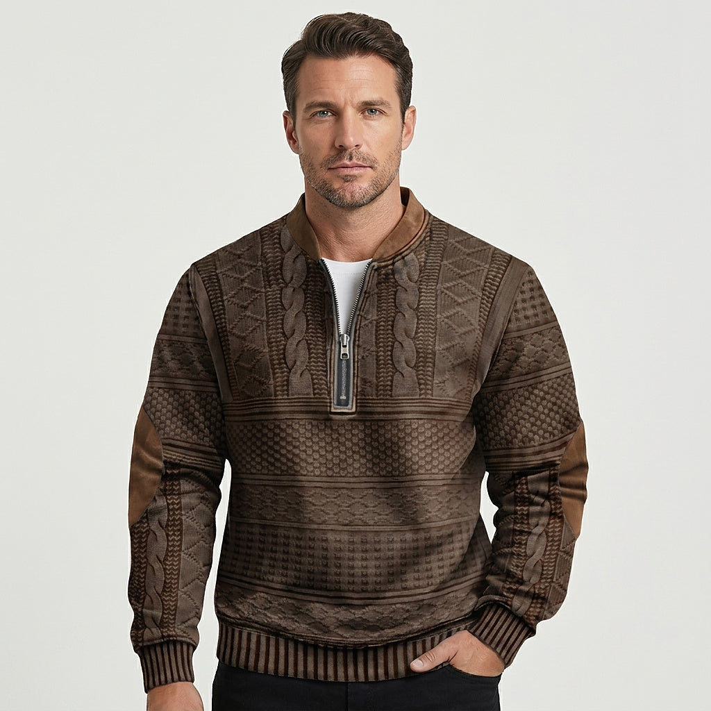 Męski wzorzysty sweter z dzianiny zapinany na zamek pod szyją z łatami na łokciach-Sweaters for men-Olave