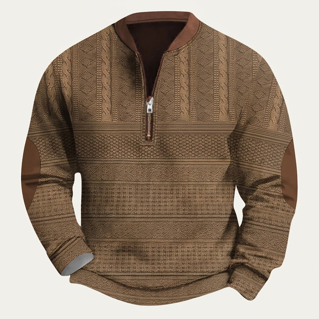 Męski wzorzysty sweter z dzianiny zapinany na zamek pod szyją z łatami na łokciach-Sweaters for men-Olave