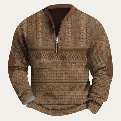 Męski wzorzysty sweter z dzianiny zapinany na zamek pod szyją z łatami na łokciach-Sweaters for men-Olave
