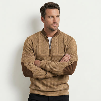Męski wzorzysty sweter z dzianiny zapinany na zamek pod szyją z łatami na łokciach-Sweaters for men-Olave
