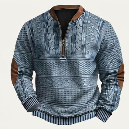 Męski wzorzysty sweter z dzianiny zapinany na zamek pod szyją z łatami na łokciach-Sweaters for men-Olave