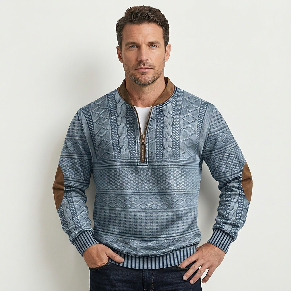 Męski wzorzysty sweter z dzianiny zapinany na zamek pod szyją z łatami na łokciach-Sweaters for men-Olave