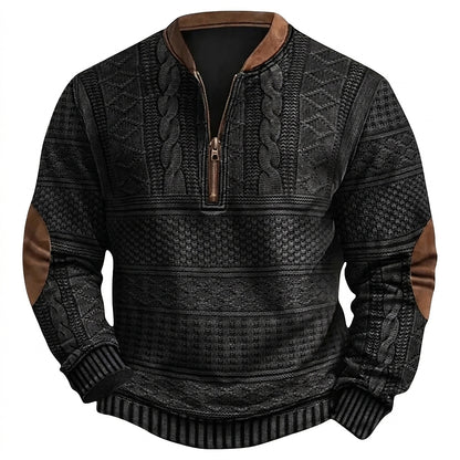 Męski wzorzysty sweter z dzianiny zapinany na zamek pod szyją z łatami na łokciach-Sweaters for men-Olave