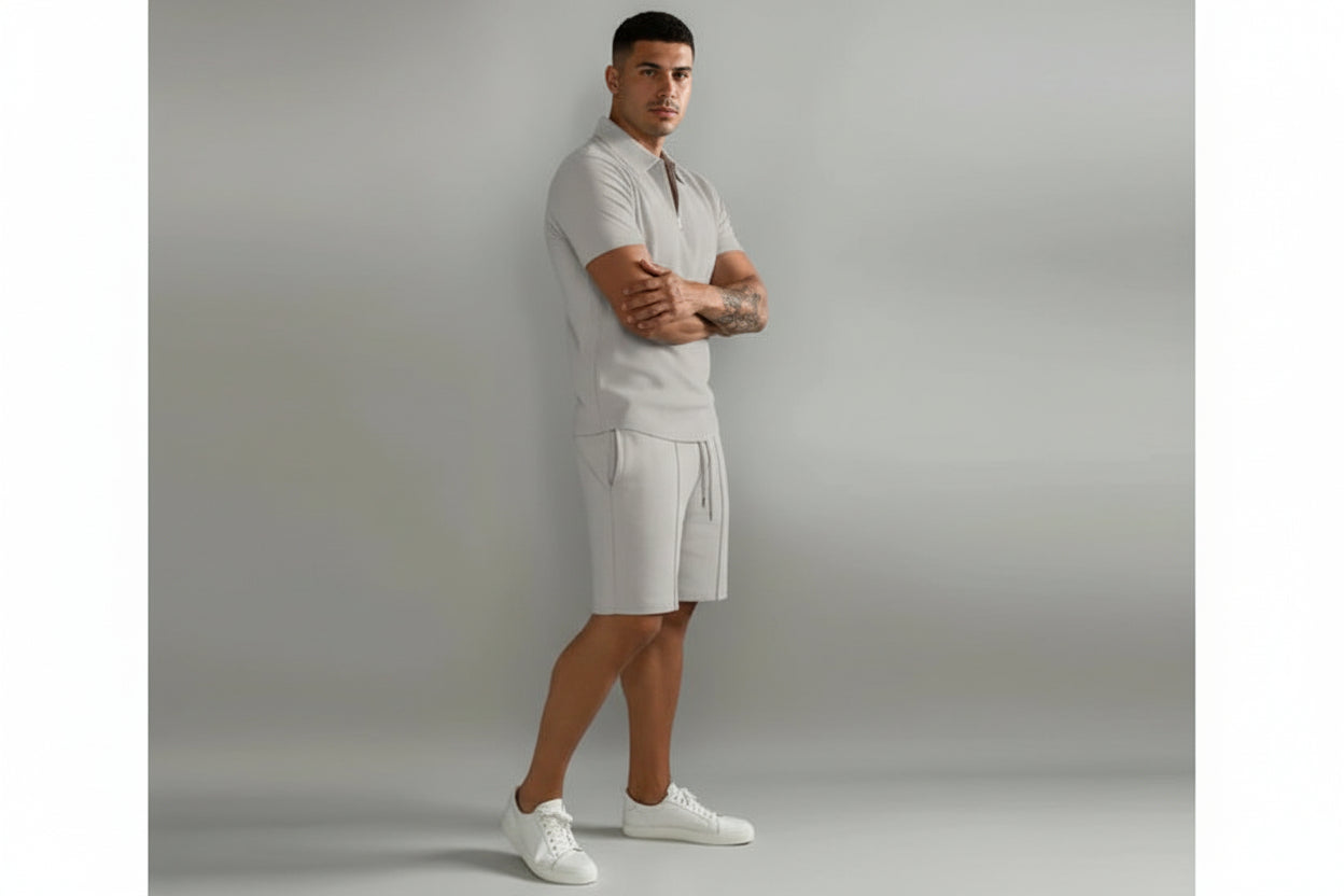 Męski zestaw dwuczęściowy koszulka polo z zamkiem i szorty-Sets for Men-Olave