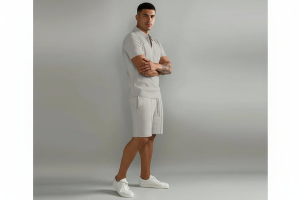 Męski zestaw dwuczęściowy koszulka polo z zamkiem i szorty-Sets for Men-Olave