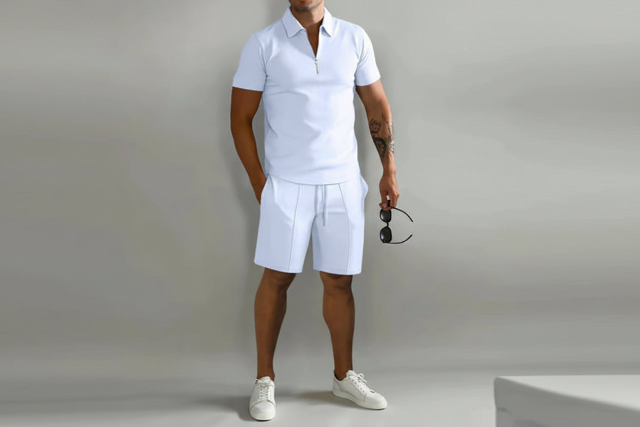 Męski zestaw dwuczęściowy koszulka polo z zamkiem i szorty-Sets for Men-Olave