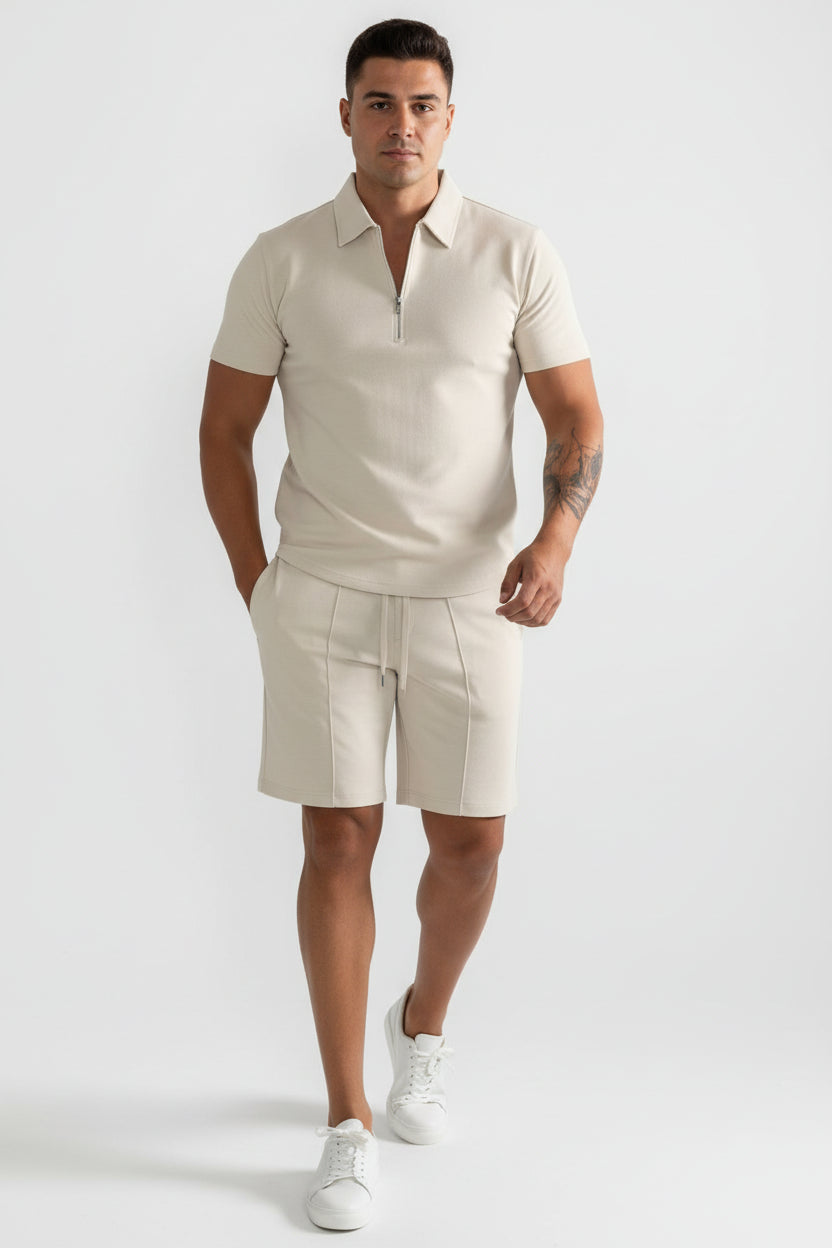 Męski zestaw dwuczęściowy koszulka polo z zamkiem i szorty-Sets for Men-Olave