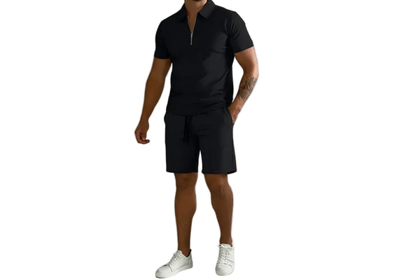 Męski zestaw dwuczęściowy koszulka polo z zamkiem i szorty-Sets for Men-Olave