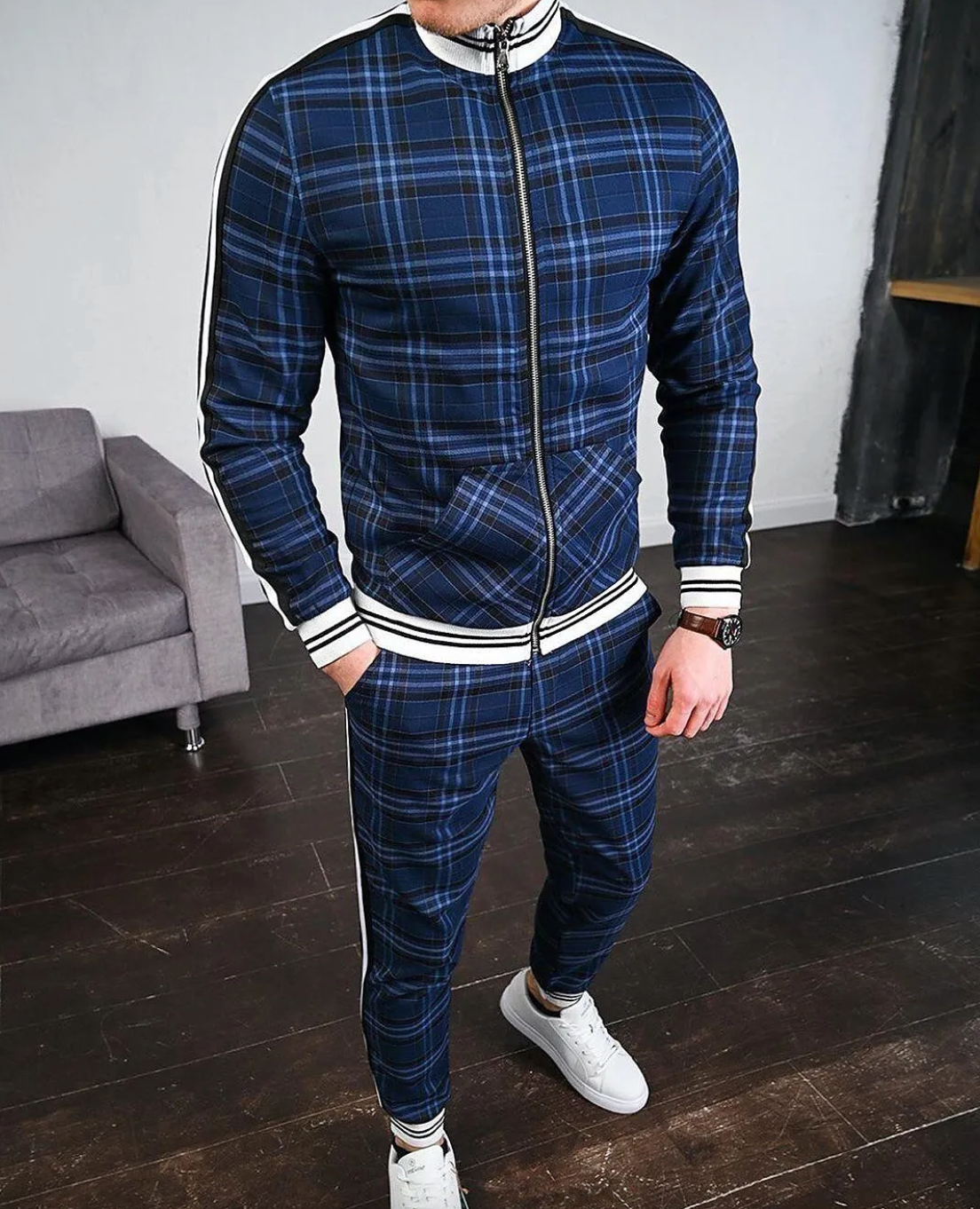 Męski zestaw dwuczęściowy z kurtką ze stójką i spodniami w kratę-Sets for Men-Olave