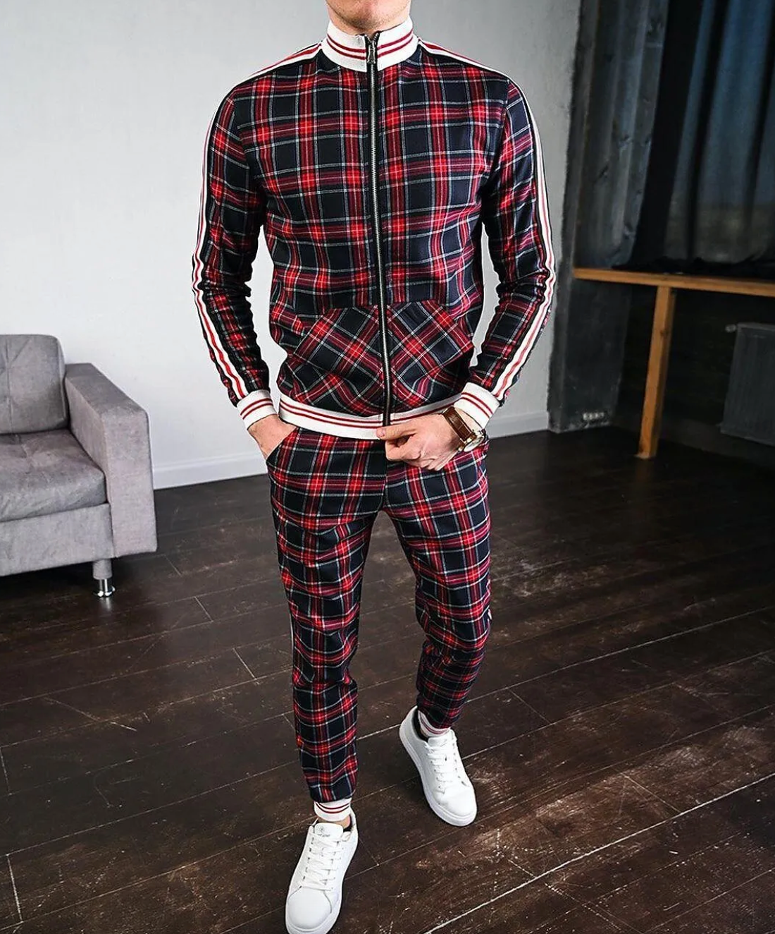 Męski zestaw dwuczęściowy z kurtką ze stójką i spodniami w kratę-Sets for Men-Olave