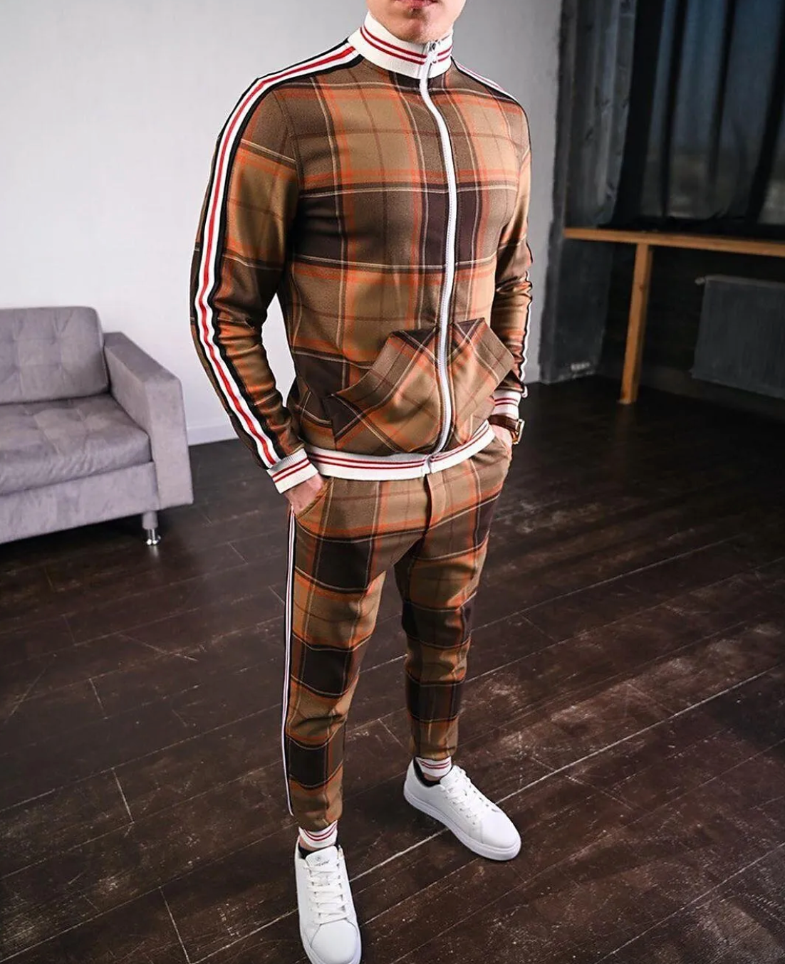 Męski zestaw dwuczęściowy z kurtką ze stójką i spodniami w kratę-Sets for Men-Olave