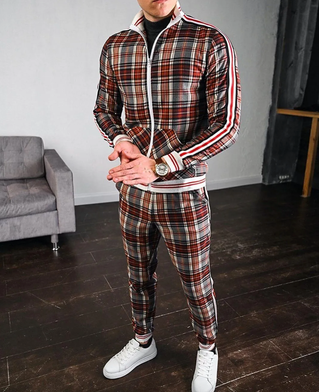 Męski zestaw dwuczęściowy z kurtką ze stójką i spodniami w kratę-Sets for Men-Olave