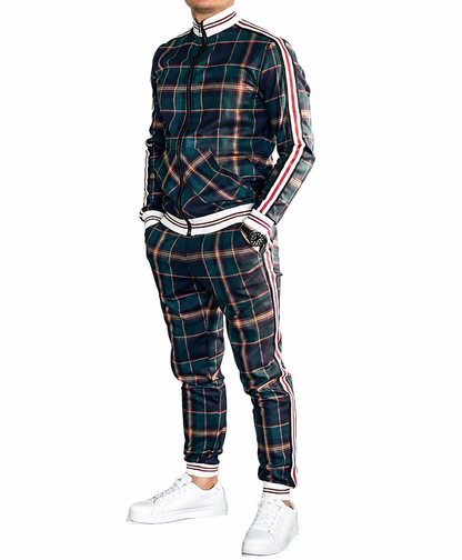 Męski zestaw dwuczęściowy z kurtką ze stójką i spodniami w kratę-Sets for Men-Olave