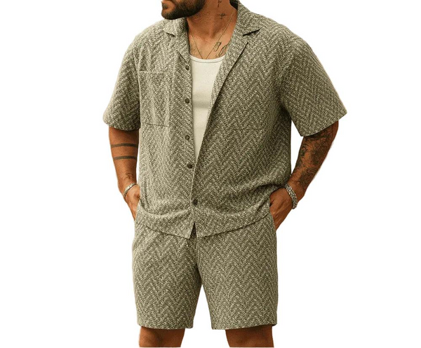 Męski zestaw z koszulą z krótkim rękawem i szortami-Sets for Men-Olave