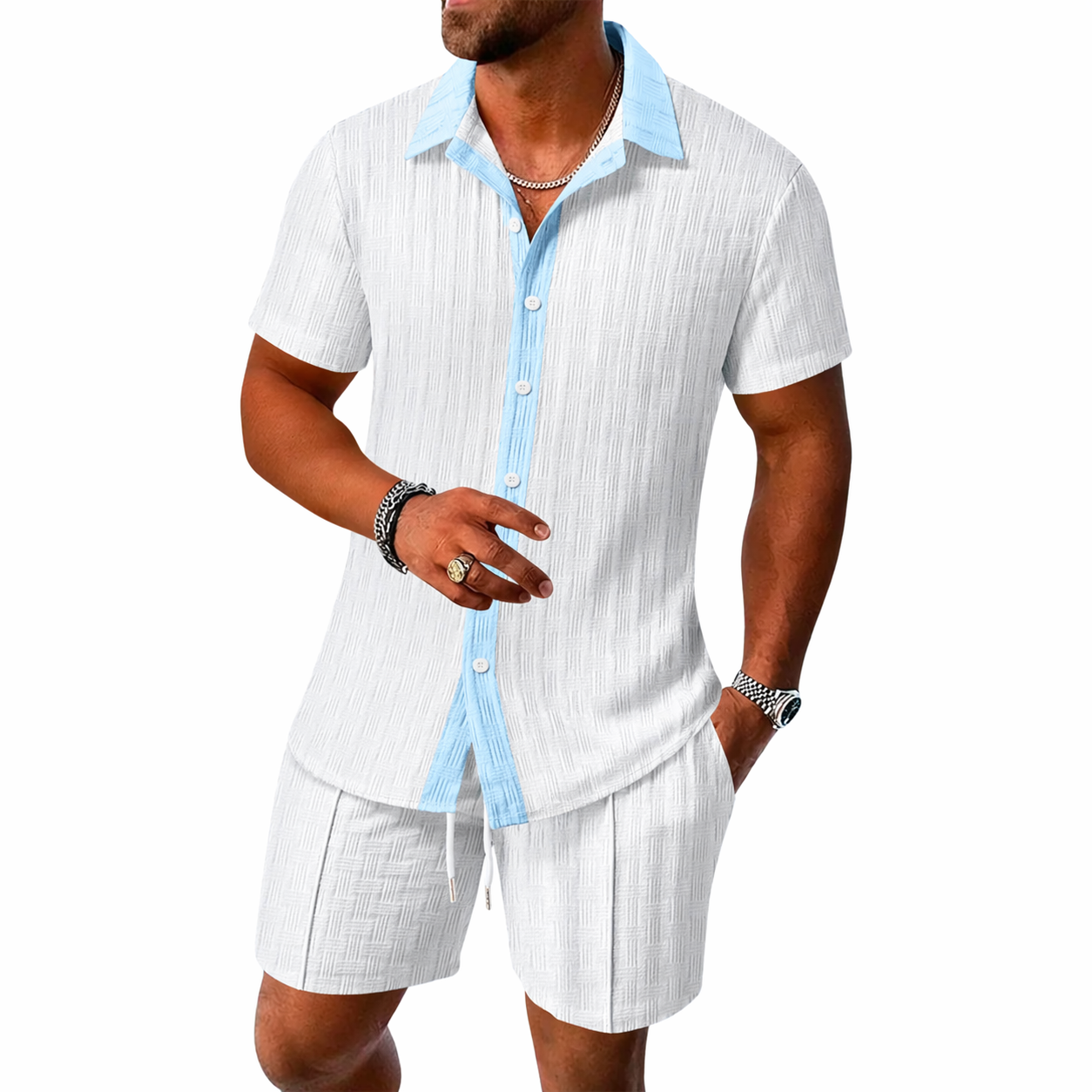 Męski zestaw z koszulą z krótkim rękawem z kołnierzem i zapięciem na guziki oraz szortami z elastycznym pasem i sznurkiem-Sets for Men-Olave