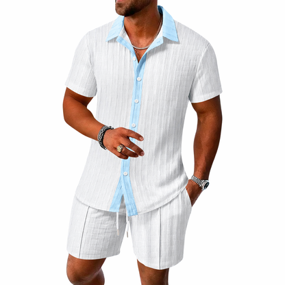 Męski zestaw z koszulą z krótkim rękawem z kołnierzem i zapięciem na guziki oraz szortami z elastycznym pasem i sznurkiem-Sets for Men-Olave