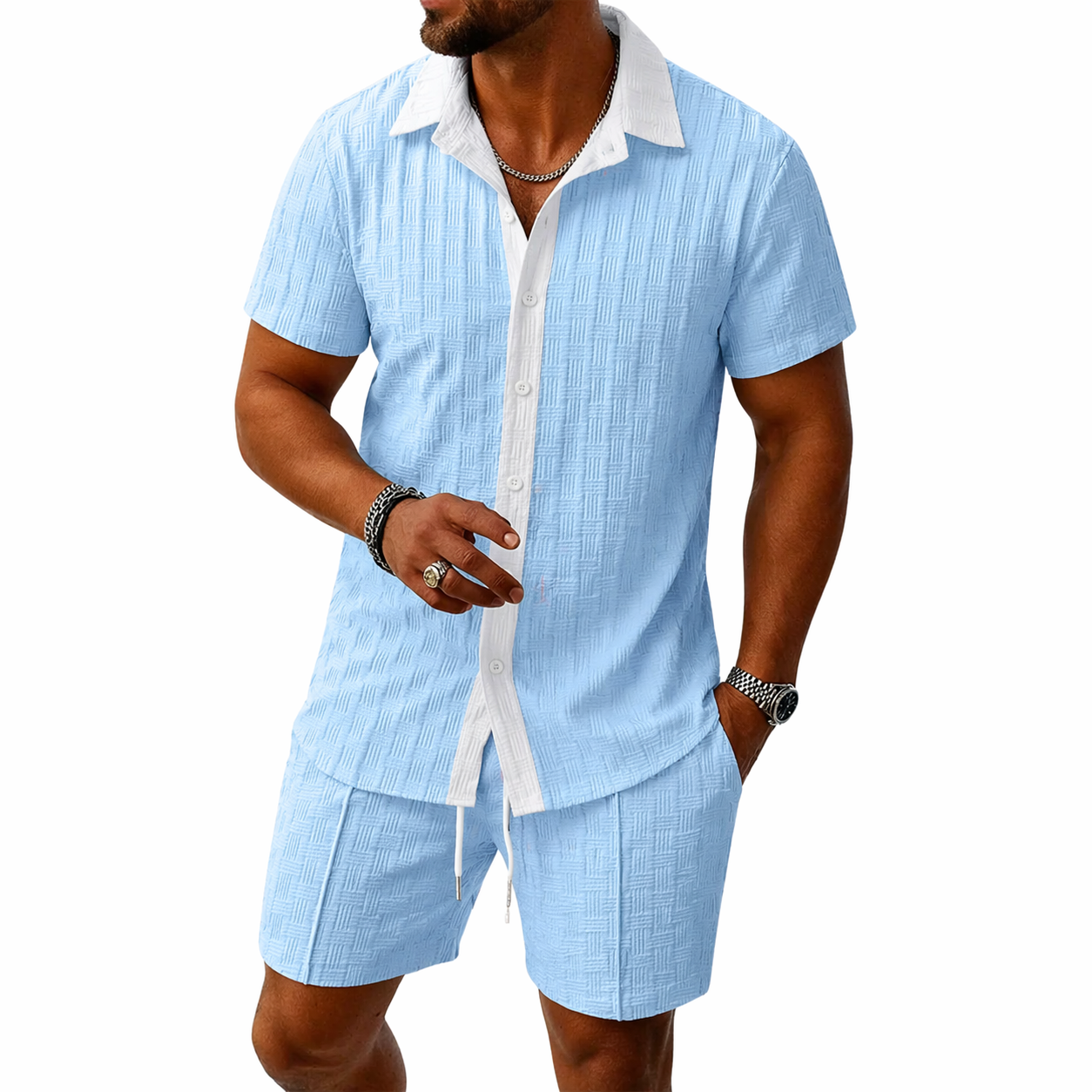 Męski zestaw z koszulą z krótkim rękawem z kołnierzem i zapięciem na guziki oraz szortami z elastycznym pasem i sznurkiem-Sets for Men-Olave