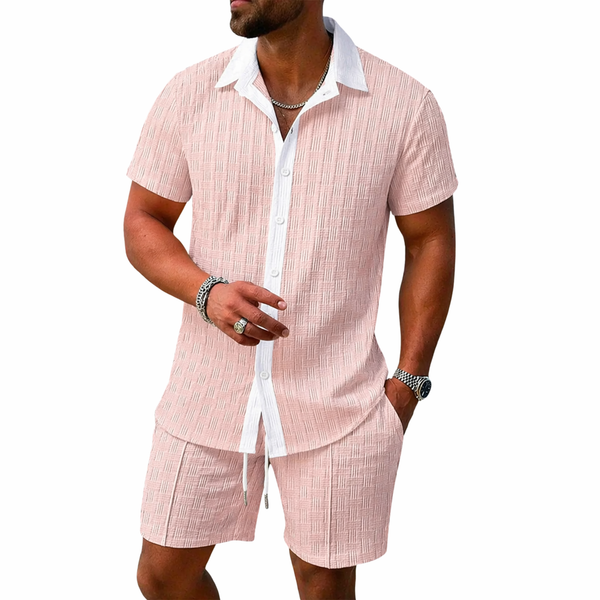 Męski zestaw z koszulą z krótkim rękawem z kołnierzem i zapięciem na guziki oraz szortami z elastycznym pasem i sznurkiem-Sets for Men-Olave