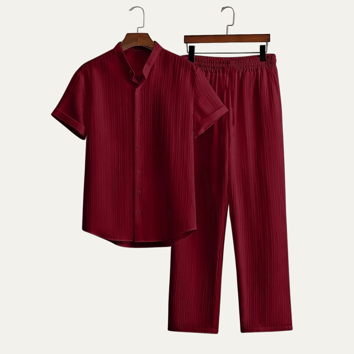 Męski zestaw z koszulą z krótkim rękawem ze stójką i zapięciem na guziki oraz spodniami z elastycznym pasem-Pants for Men-Olave