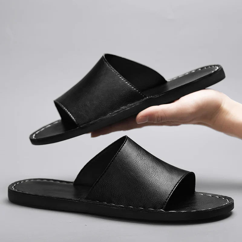 Męskie Klapki z Otwartym Przodem i Szerokim Paskiem oraz Przeszyciem na Krawędzi-Footwear for men-Olave
