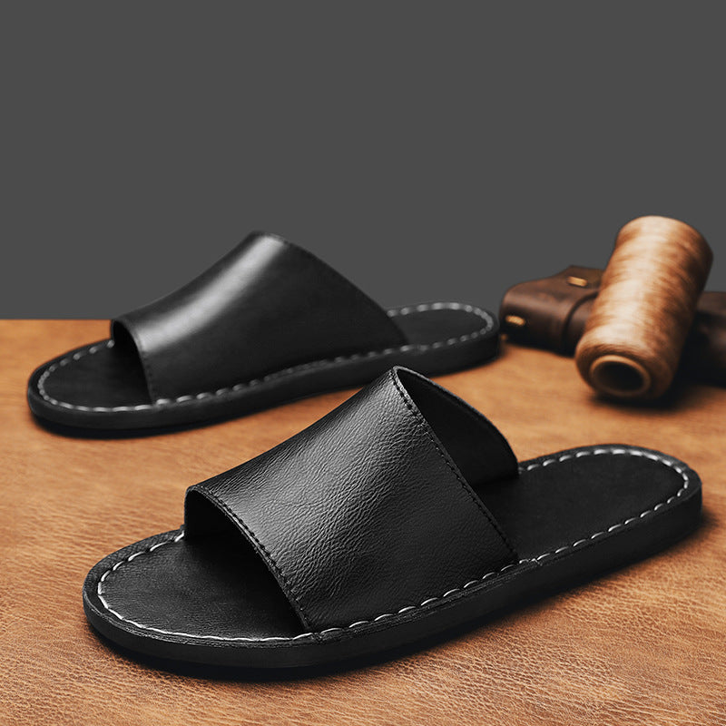 Męskie Klapki z Otwartym Przodem i Szerokim Paskiem oraz Przeszyciem na Krawędzi-Footwear for men-Olave