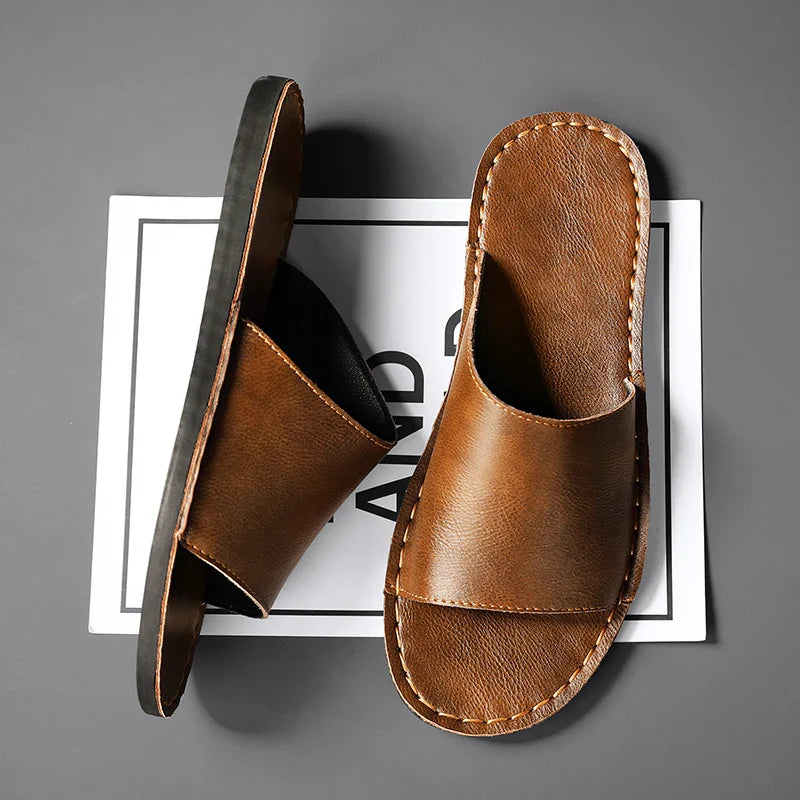 Męskie Klapki z Otwartym Przodem i Szerokim Paskiem oraz Przeszyciem na Krawędzi-Footwear for men-Olave