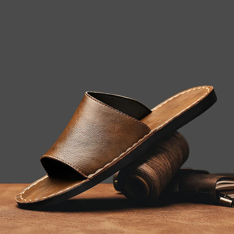 Męskie Klapki z Otwartym Przodem i Szerokim Paskiem oraz Przeszyciem na Krawędzi-Footwear for men-Olave
