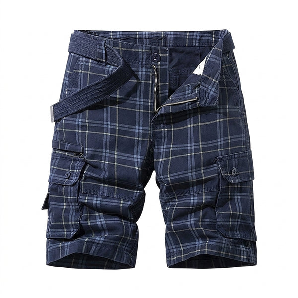 Męskie krótkie spodenki cargo w kratkę z paskiem i kieszeniami bocznymi-Shorts for men-Olave