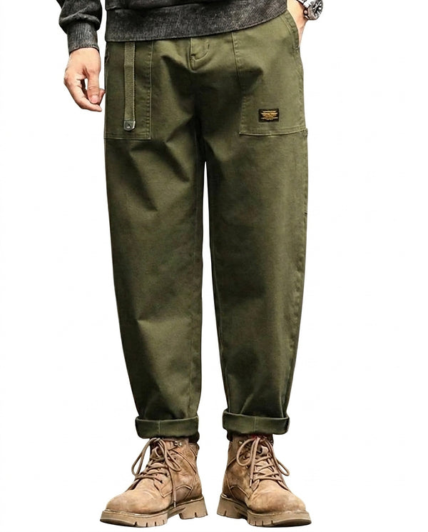 Męskie spodnie cargo z naszywanymi kieszeniami i paskiem-Pants for Men-Olave