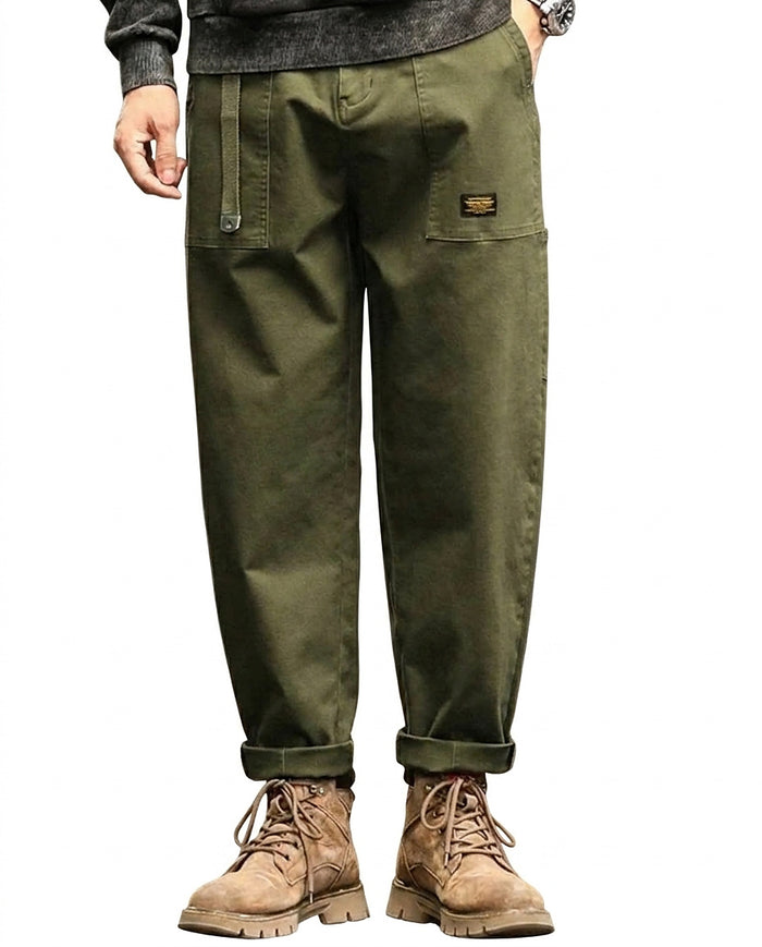 Męskie spodnie cargo z naszywanymi kieszeniami i paskiem-Pants for Men-Olave