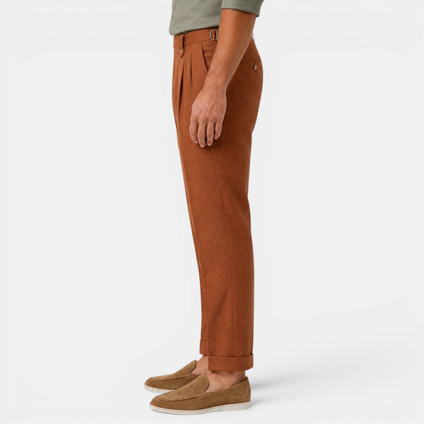 Męskie spodnie lniane z prostymi nogawkami i zakładkami-Pants for Men-Olave